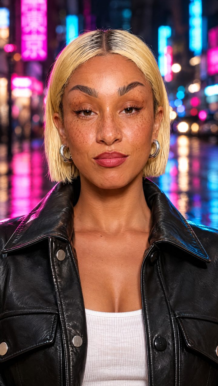 Close-up of the AI creator: platinum-blonde bob, red lipstick, black leather jacket, neon street behind her