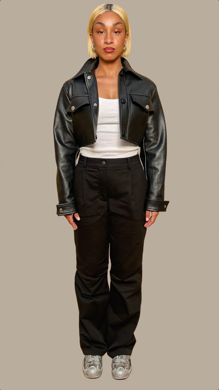Full-body reference photo of the same AI creator on a plain studio backdrop